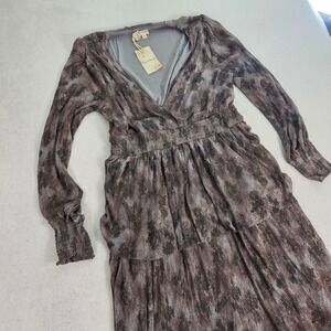 Hem & Thread Women L Maxi Dress Brown Metallic New Tiered Long Sleeve Shimmer